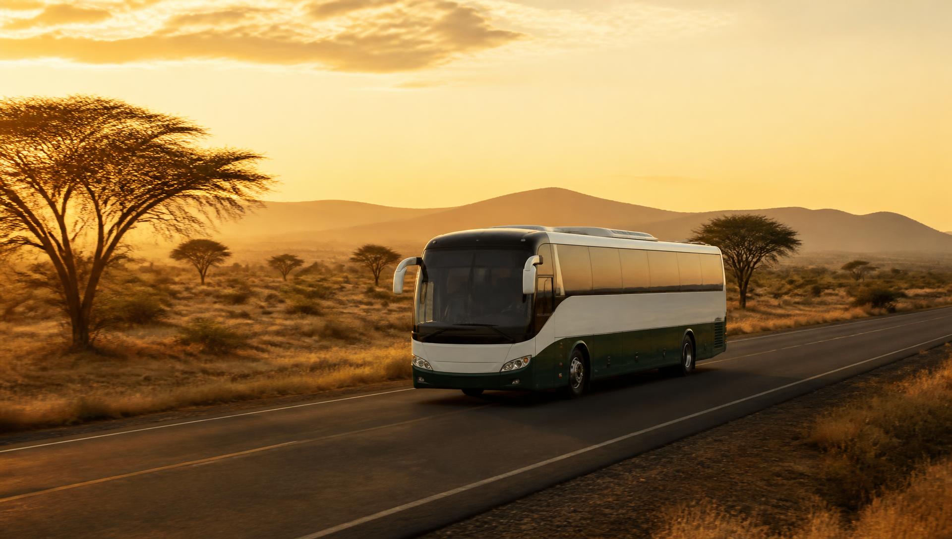 Liban Bus Ltd coach on a northern Kenya highway at sunset